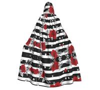 JAYWIS Black White Stripes Red Rose Flowers -Print Adult Hooded Halloween Cloak - Printed Full-Length Cape For Festivals, Gothic Events & Costume Parties