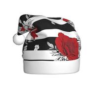 JAYWIS Black White Stripes Red Rose Flowers -Print Adult Plush Christmas Hat Santa Style Pom-Pom, Warm Soft Holiday Headwear For Parties Christmas Celebration.