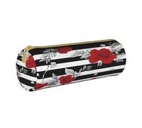 JAYWIS (Black White Stripes Red Rose Flowers) Print Leather Pencil Case with Zipper Crossgrain Design, Compact Cylinder Organizer for School,Office & Travel