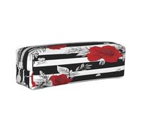 JAYWIS (Black White Stripes Red Rose Flowers) Print Leather Pencil Case with Zipper Handmade Crossgrain,Compact for School,Office & Travel