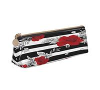 JAYWIS (Black White Stripes Red Rose Flowers) Print Triangular Leather Pencil Case-Crossgrain Organizer for School, Office & Travel,Premium Zipper Design
