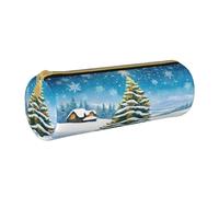 JAYWIS (Christmas Trees) Print Leather Pencil Case with Zipper Crossgrain Design, Compact Cylinder Organizer for School,Office & Travel