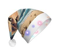 JAYWIS Coconut Palm Tree Sandy Beach -Print Adult Plush Light-Up Christmas Hat Led Effects, Festive Santa Headwear For Parties Gatherings Events.