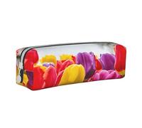 JAYWIS (Colorful Tulips) Print Leather Pencil Case with Zipper Handmade Crossgrain,Compact for School,Office & Travel