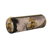 JAYWIS (Cool Pirate Ship) Print Leather Pencil Case with Zipper Crossgrain Design, Compact Cylinder Organizer for School,Office & Travel