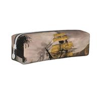 JAYWIS (Cool Pirate Ship) Print Leather Pencil Case with Zipper Handmade Crossgrain,Compact for School,Office & Travel