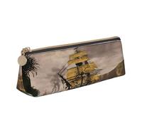 JAYWIS (Cool Pirate Ship) Print Triangular Leather Pencil Case-Crossgrain Organizer for School, Office & Travel,Premium Zipper Design