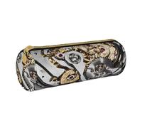 JAYWIS (Cool Steampunk Gears) Print Leather Pencil Case with Zipper Crossgrain Design, Compact Cylinder Organizer for School,Office & Travel