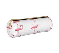 JAYWIS (Flamingos on White) Print Leather Pencil Case with Zipper Crossgrain Design, Compact Cylinder Organizer for School,Office & Travel