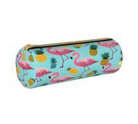 JAYWIS (Flamingos) Print Leather Pencil Case with Zipper Crossgrain Design, Compact Cylinder Organizer for School,Office & Travel