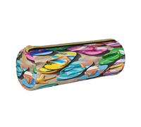 JAYWIS (Flip-Flops on a Sandy Beach) Print Leather Pencil Case with Zipper Crossgrain Design, Compact Cylinder Organizer for School,Office & Travel