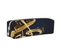 JAYWIS (Gold Musical Note with Fallen Shiny Star) Print Leather Pencil Case with Zipper Handmade Crossgrain,Compact for School,Office & Travel