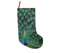 JAYWIS Green Peacock Feather -Print 18 Inch Patchwork Christmas Stockings - Large Holiday Decor With Hanging Loop For Festive Home Gift Giving.