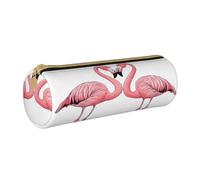 JAYWIS (Ink Flamingos) Print Leather Pencil Case with Zipper Crossgrain Design, Compact Cylinder Organizer for School,Office & Travel