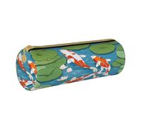 JAYWIS (Japanese Pretty Koi Fish) Print Leather Pencil Case with Zipper Crossgrain Design, Compact Cylinder Organizer for School,Office & Travel