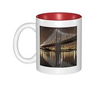 JAYWIS New York Manhattan Bridge Night -Print Inner Color Ceramic Mugs, Custom Colored Interior for Home Office Cafe, Dishwasher & Microwave Safe Coffee Cups Red