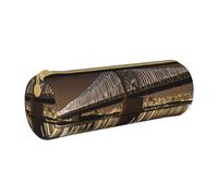 JAYWIS (New York Manhattan Bridge Night) Print Leather Pencil Case with Zipper Crossgrain Design, Compact Cylinder Organizer for School,Office & Travel