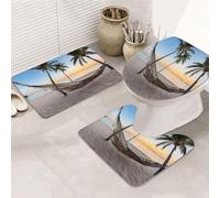 JAYWIS Paradise Beach with Hammock Coconut Palm Trees -Print Flannel Bathroom Rug Set 31.5x20 Inch, Non-Slip 3 Piece Soft Mat for Floor, Toilet & Sink Area