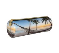 JAYWIS (Paradise Beach with Hammock Coconut Palm Trees) Print Leather Pencil Case with Zipper Crossgrain Design, Compact Cylinder Organizer for School,Office & Travel