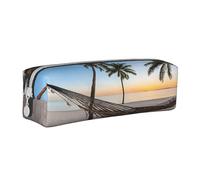 JAYWIS (Paradise Beach with Hammock Coconut Palm Trees) Print Leather Pencil Case with Zipper Handmade Crossgrain,Compact for School,Office & Travel