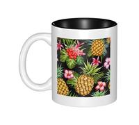 JAYWIS Pineapple and Flowers -Print Inner Color Ceramic Mugs, Custom Colored Interior for Home Office Cafe, Dishwasher & Microwave Safe Coffee Cups Black