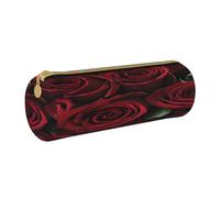 JAYWIS (Red and Black Rose) Print Leather Pencil Case with Zipper Crossgrain Design, Compact Cylinder Organizer for School,Office & Travel