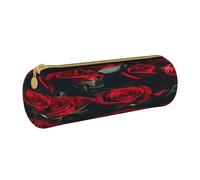 JAYWIS (Red and Black Rose) Print Leather Pencil Case with Zipper Crossgrain Design, Compact Cylinder Organizer for School,Office & Travel