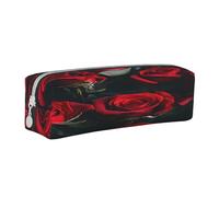 JAYWIS (Red and Black Rose) Print Leather Pencil Case with Zipper Handmade Crossgrain,Compact for School,Office & Travel