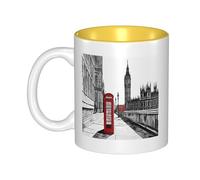 JAYWIS Red Phone Booth London Street -Print Inner Color Ceramic Mugs, Custom Colored Interior for Home Office Cafe, Dishwasher & Microwave Safe Coffee Cups Yellow