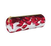 JAYWIS (Red Rose Petals) Print Leather Pencil Case with Zipper Crossgrain Design, Compact Cylinder Organizer for School,Office & Travel