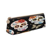 JAYWIS (Sugar Skulls) Print Triangular Leather Pencil Case-Crossgrain Organizer for School, Office & Travel,Premium Zipper Design