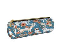 JAYWIS (Sweet Basset Hound Florals) Print Leather Pencil Case with Zipper Crossgrain Design, Compact Cylinder Organizer for School,Office & Travel