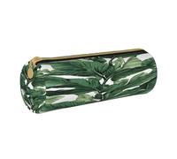 JAYWIS (Tropical Banana Palm Leaves) Print Leather Pencil Case with Zipper Crossgrain Design, Compact Cylinder Organizer for School,Office & Travel