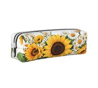 JAYWIS (Yellow Sunflowers and White Flowers) Print Leather Pencil Case with Zipper Handmade Crossgrain,Compact for School,Office & Travel