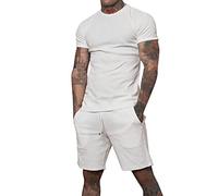 JAYYOU Men's Tracksuit Set Fashion Color Matching Crew Neck Short Sleeve T Shirt & Sportwear Shorts Two Piece Set White, M