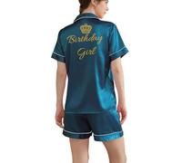 JazJoz Personalised Glitter Symbol Text Womens Silk Satin Pyjamas Set for Birthday Wedding Bridesmaid Gifts (Peacock Blue, XL)