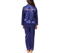JazJoz Personalised Kids Satin Pyjamas Sets Button-Down Silky Collar Nightwear for Spa Birthday Wedding Sleepover Party with Glitter Writing(Navy, 11-12 Years)