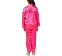 JazJoz Personalised Kids Satin Pyjamas Sets Button-Down Silky Collar Nightwear for Spa Birthday Wedding Sleepover Party with Glitter Writing(Rose Red, 13-14 Years)
