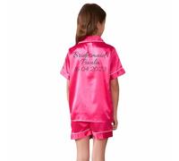 JazJoz Personalised Kids Silk Pyjamas Girls Boys Short Sleeve Satin PJs Sets for Spa Birthday Wedding Sleepover Party with Glitter Writing(Rose Red, 7-8 Years)