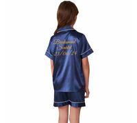JazJoz Personalised Kids Silk Pyjamas Girls Boys Short Sleeve Satin PJs Sets for Spa Birthday Wedding Sleepover Party with Glitter Writing(Navy, 11-12 Years)