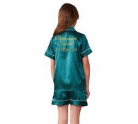 JazJoz Personalised Kids Silk Pyjamas Girls Boys Short Sleeve Satin PJs Sets for Spa Birthday Wedding Sleepover Party with Glitter Writing(Dark Green, 5-6 Years)