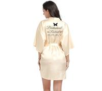 JazJoz Personalized Glitter Symbol Writing Women's Satin Robe for Wedding Birthday Spa Sleepover Prom Party (Champagne Yellow, S)