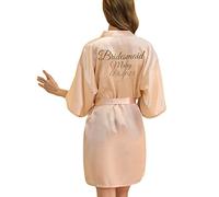 JazJoz Women's Personalised Glitter Writing Satin Robe Name Date Phrase Bride Bridesmaid Maid of Honour Wedding party Kimono (Champagne Pink, L)