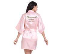 JazJoz Women's Personalised Glitter Writing Satin Robe Name Date Phrase Bride Bridesmaid Maid of Honour Wedding party Kimono (Pink, L)