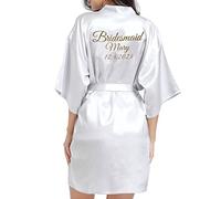 JazJoz Women's Personalised Glitter Writing Satin Robe Name Date Phrase Bride Bridesmaid Maid of Honour Wedding party Kimono