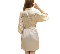 JazJoz Women's Personalised Glitter Writing Satin Robe Name Date Phrase Bride Bridesmaid Maid of Honour Wedding party Kimono (Champagne, S)