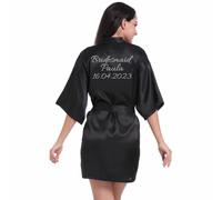 JazJoz Women's Personalised Glitter Writing Satin Robe Name Date Phrase Bride Bridesmaid Maid of Honour Wedding party Kimono (Black, S)