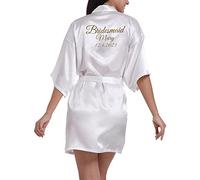 JazJoz Women's Personalised Glitter Writing Satin Robe Name Date Phrase Bride Bridesmaid Maid of Honour Wedding party Kimono