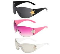 JazRvr Y2K Sunglasses Set of 3, Trendy Rave Glasses with Fifth Star Design, Black, Pink and Transparent Lenses for Street Fashion, Music Festivals and Outdoor Activities