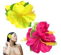 JazSwirl Flower Hair Clips for Women, 2 Pack Pink Yellow Hawaiian Hibiscus Flower Hair Clips, 4.7 x 4.5 inch Fabric Floral Hair Accessories, Hair Clip Flowers for Weddings Parties Luau Cosplay